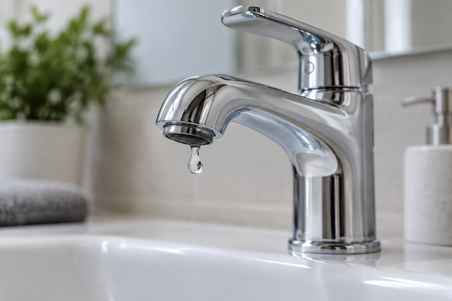 Un robinet chromé au-dessus d’un lavabo blanc laisse tomber une goutte d’eau.