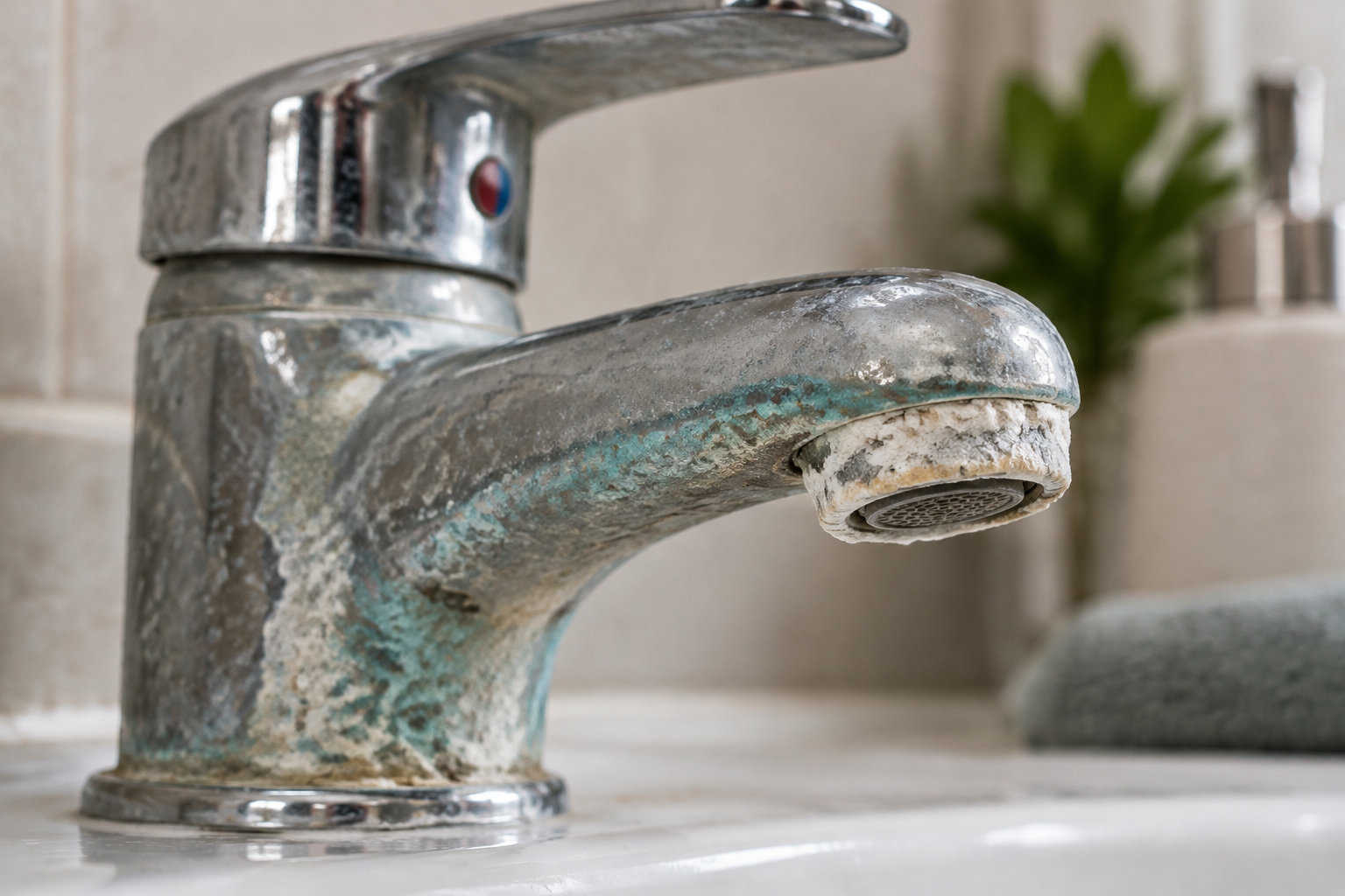 Gros plan sur un robinet métallique couvert de dépôts de calcaire, fixé à un lavabo blanc.