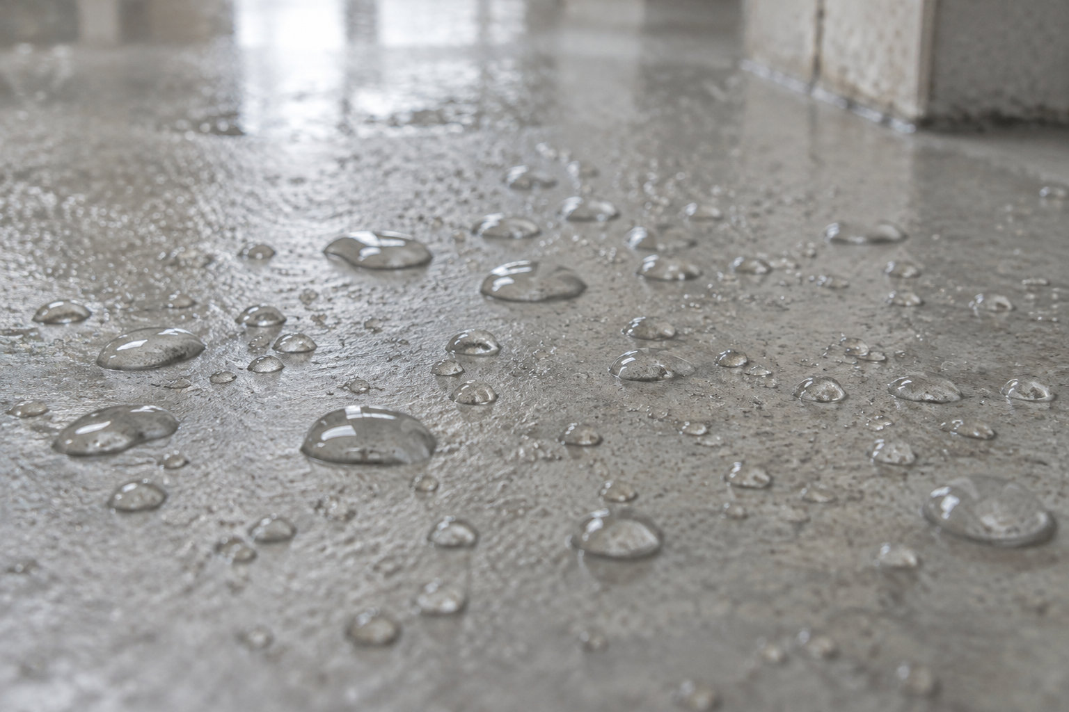 Des gouttes d’eau perlent sur une surface grise et rugueuse.