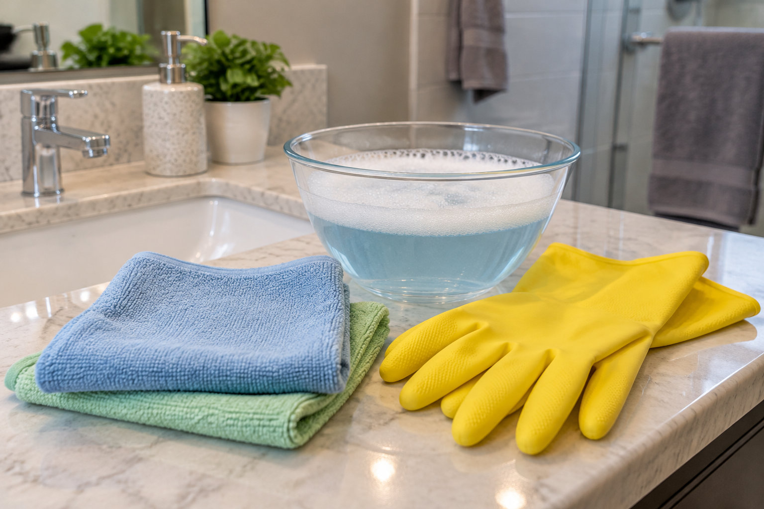 Une bassine en verre remplie d’eau savonneuse, des gants jaunes et des chiffons colorés sont posés sur un comptoir de salle de bains.