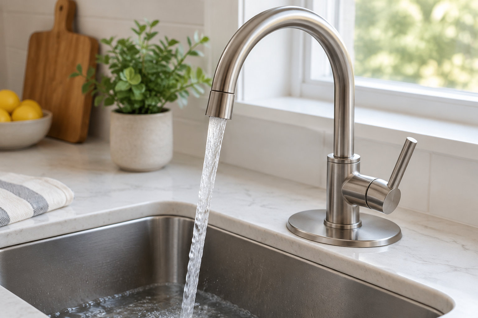 Un robinet en acier inoxydable laisse couler de l’eau dans un évier de cuisine, près d’un bol de citrons, d’une planche à découper et d’une plante en pot.