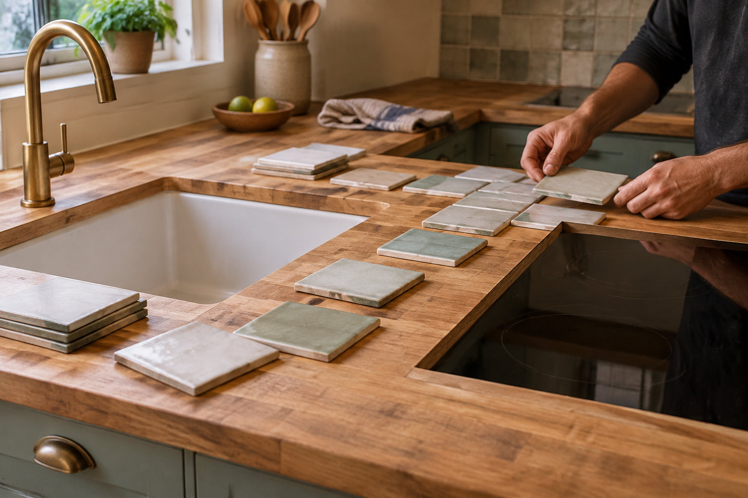 Une personne dispose des échantillons de carreaux sur un plan de travail en bois dans une cuisine.