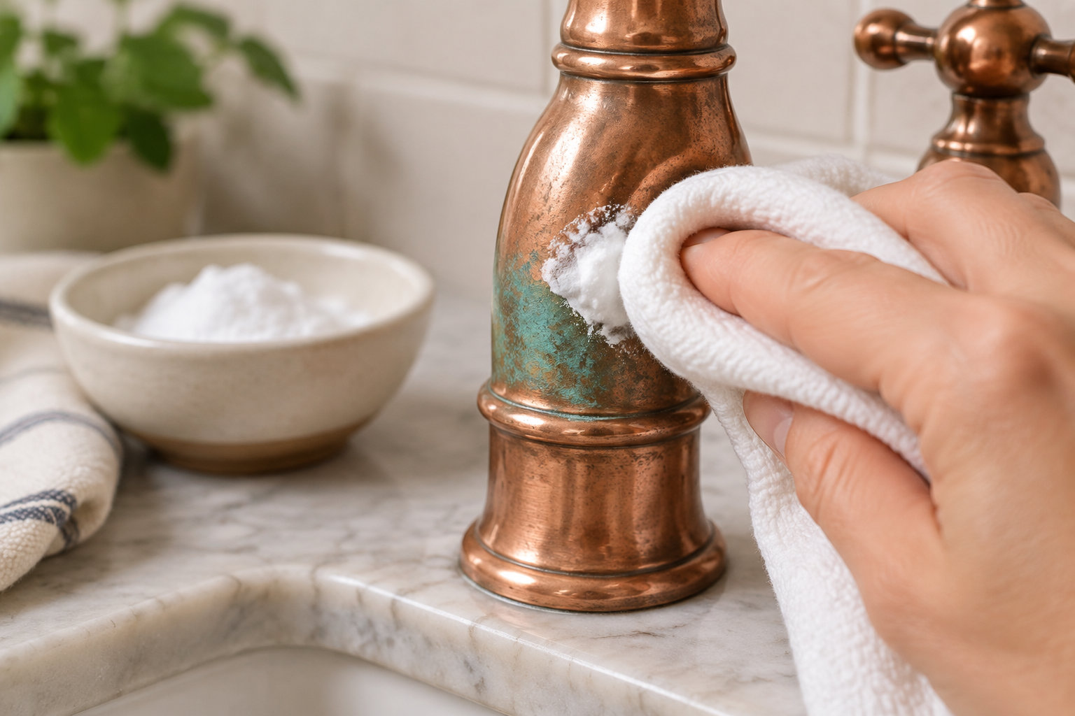 Une main frotte avec un chiffon blanc une robinetterie en cuivre ternie, près d’un bol contenant une poudre blanche sur un comptoir en marbre.