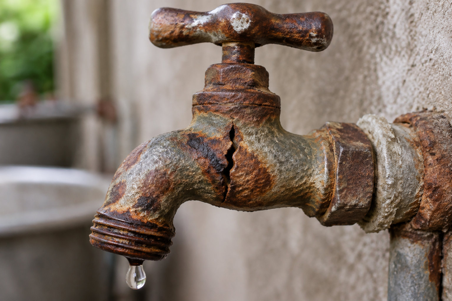 Un vieux robinet très rouillé, fissuré et raccordé à une conduite, laisse tomber une goutte d’eau.