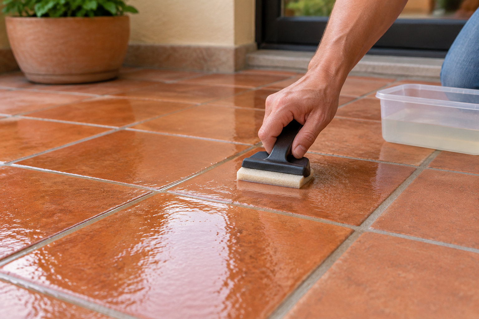 Une main frotte un sol en carreaux de terre cuite mouillés avec une éponge, près d’un récipient en plastique et d’un pot de plante.