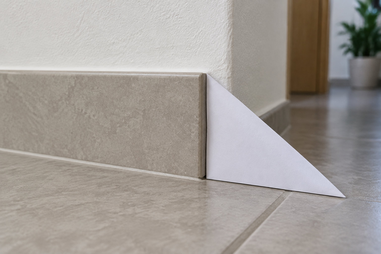 Un morceau de plinthe en carrelage est posé contre le mur, à côté d’un gabarit triangulaire blanc, dans un couloir.