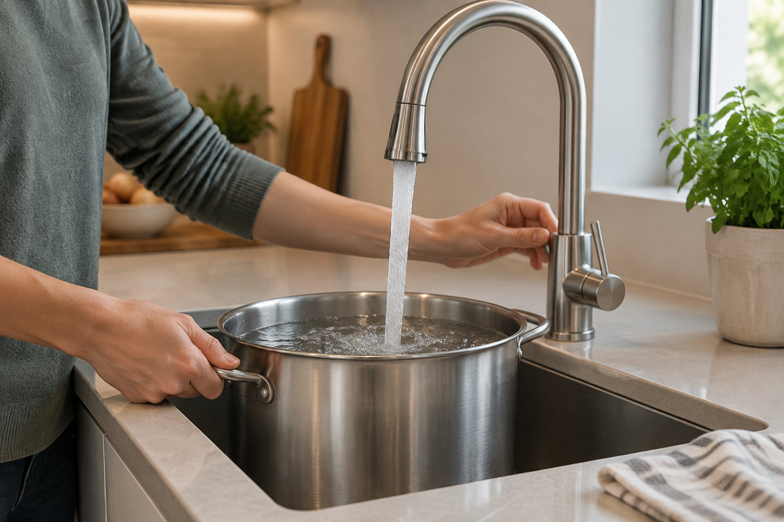 Une personne tient une grande casserole sous un robinet ouvert dans un évier de cuisine.