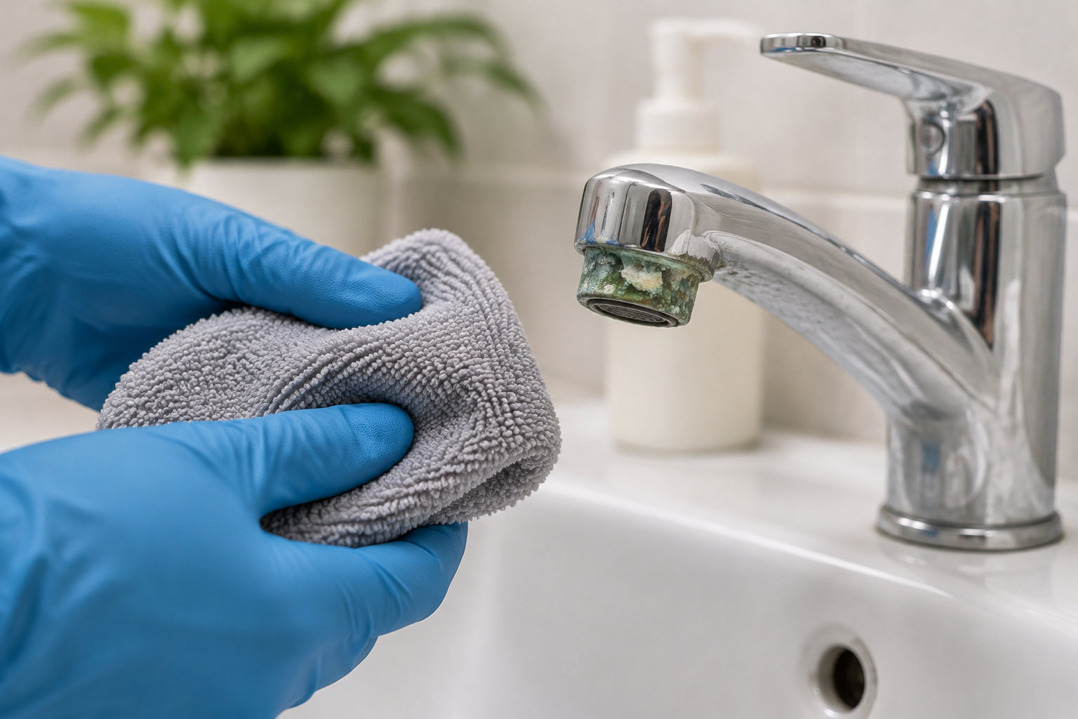 Des mains gantées de bleu tiennent un chiffon gris près du mousseur entartré d’un robinet chromé, au-dessus d’un lavabo.