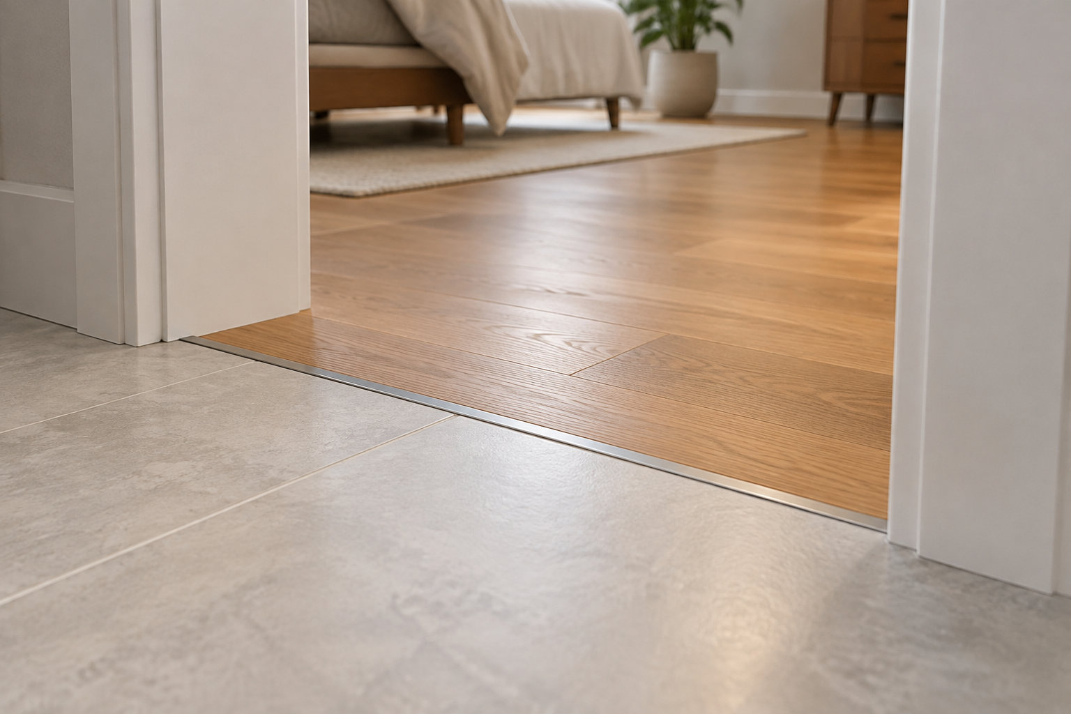 Un seuil métallique sépare un sol carrelé d’un parquet en bois dans une pièce aménagée.
