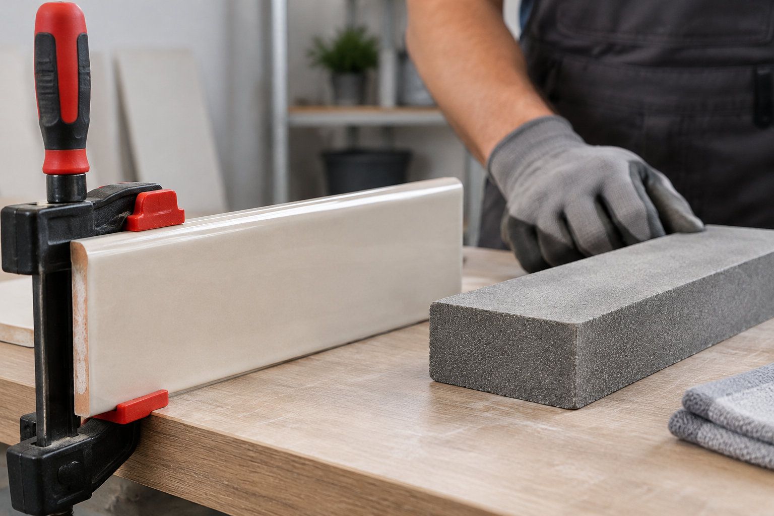 Une personne gantée serre une grande pièce de céramique avec un serre-joint sur un établi, à côté d’un bloc gris et de chiffons.