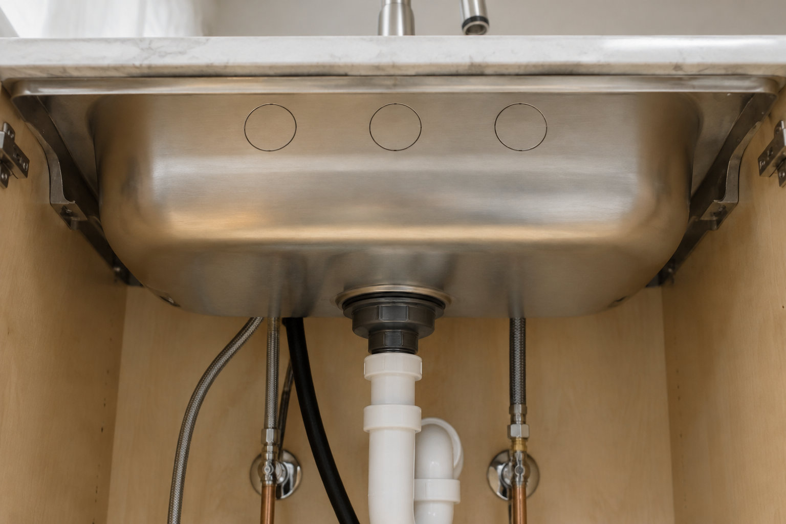 Vue sous un évier en acier inoxydable, avec son siphon blanc et des tuyaux de raccordement dans un meuble en bois.